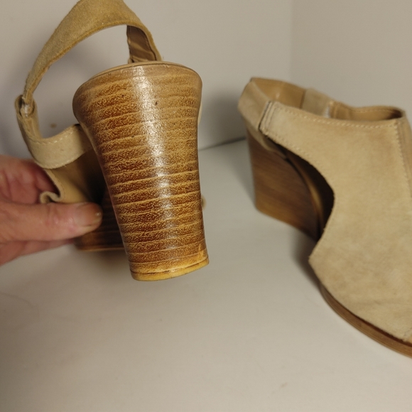 Anthropologie Barbara Barbieri Tan Suede Shoes Wedge Sandal size 6.5 open toe - Picture 6 of 10